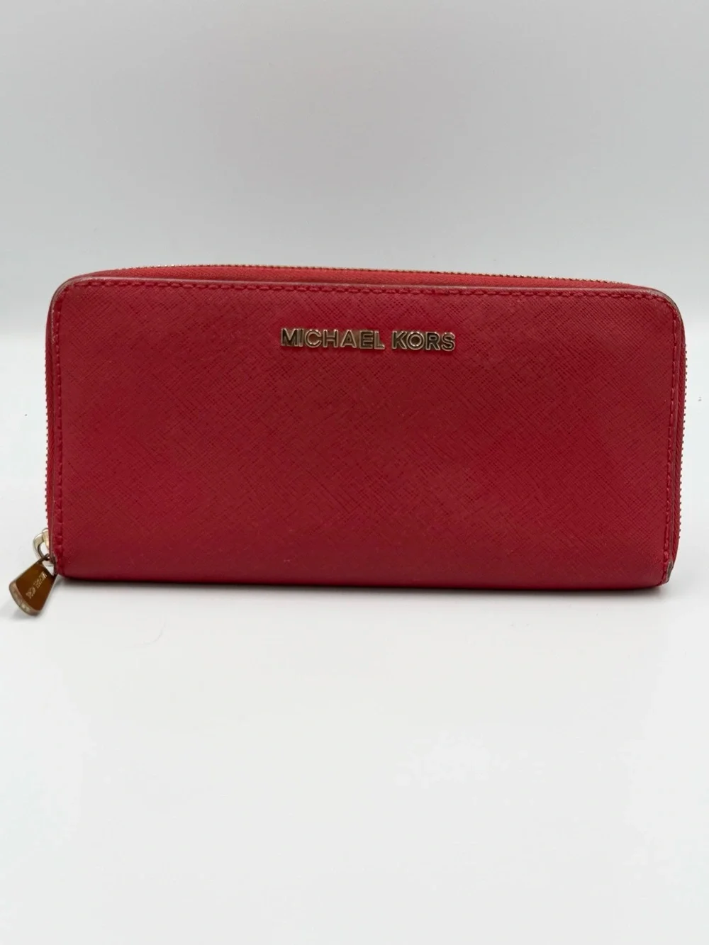 Michael Kors Red Saffiano Zip Wallet with Gold Logo